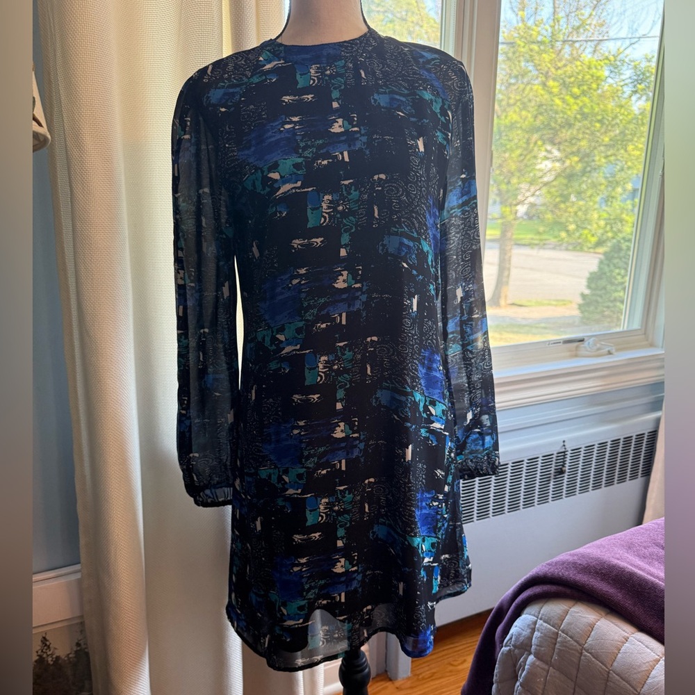 Pearle 88 Black and Blue open back Long Sleeve cocktail party Dress Medium